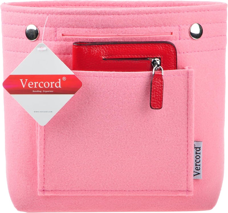 Vercord Mini Slim Small Felt Purse Organizer Insert Inside Handbag Tote Pocketbook for Women Pink - Image 2